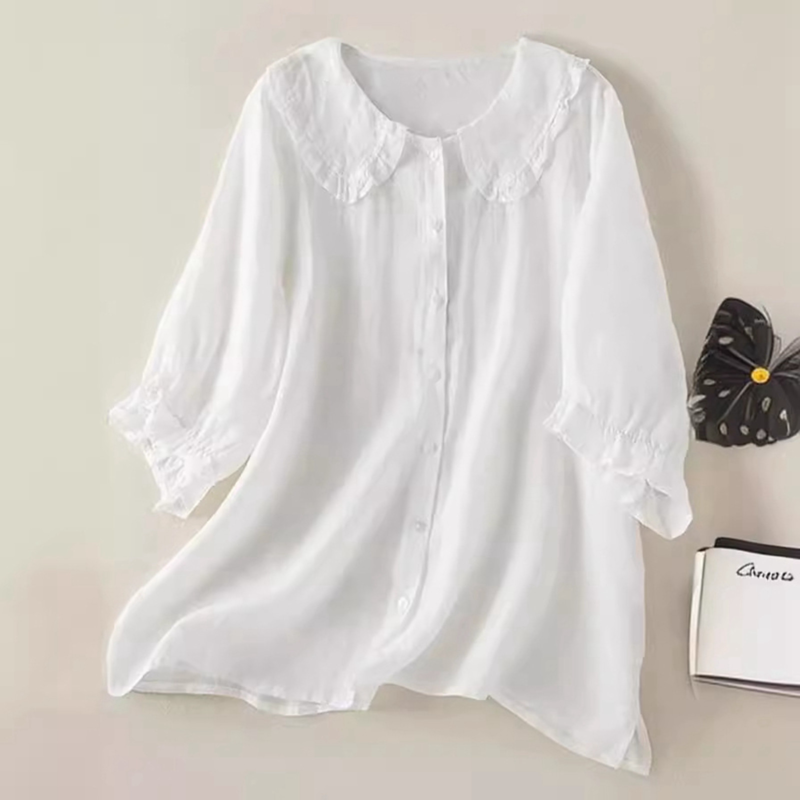 thumbnail image 2 of Camisa de lino de color liso con botones y manga 3/4 para mujer - Top bordado de mezcla de algodón, tallas S-XXXL, 2 of 8